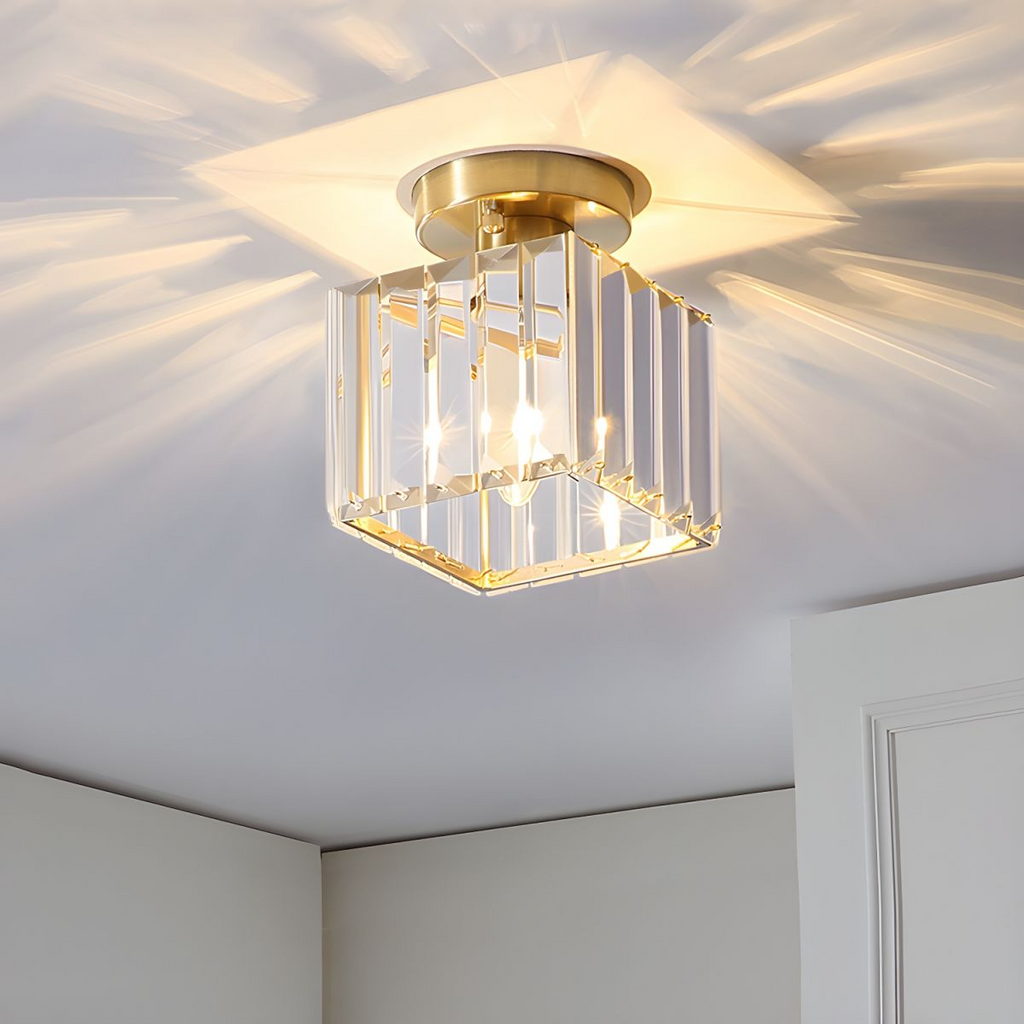 Crystal Glass Ceiling Light — Compact Design, Brass Fixture