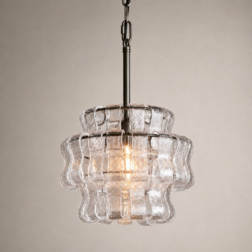 Modern Green Tiered Glass Pendant Light — Brass Hanging Fixture, Adjustable Height