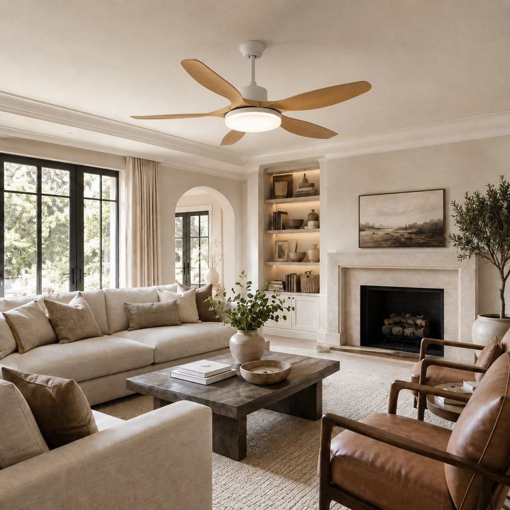 Moderne Deckenleuchte mit Deckenventilator und 5 Flügeln zur direkten Montage - Metallrahmen, einstellbare LED, Fernbedienung