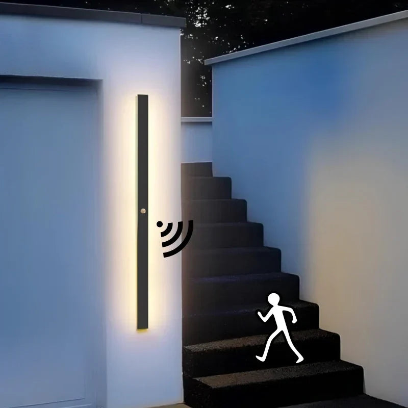 Minimalistische lineaire wandlamp voor buiten, zwart, voor de veranda, IP65, met bewegingssensor | boxzora