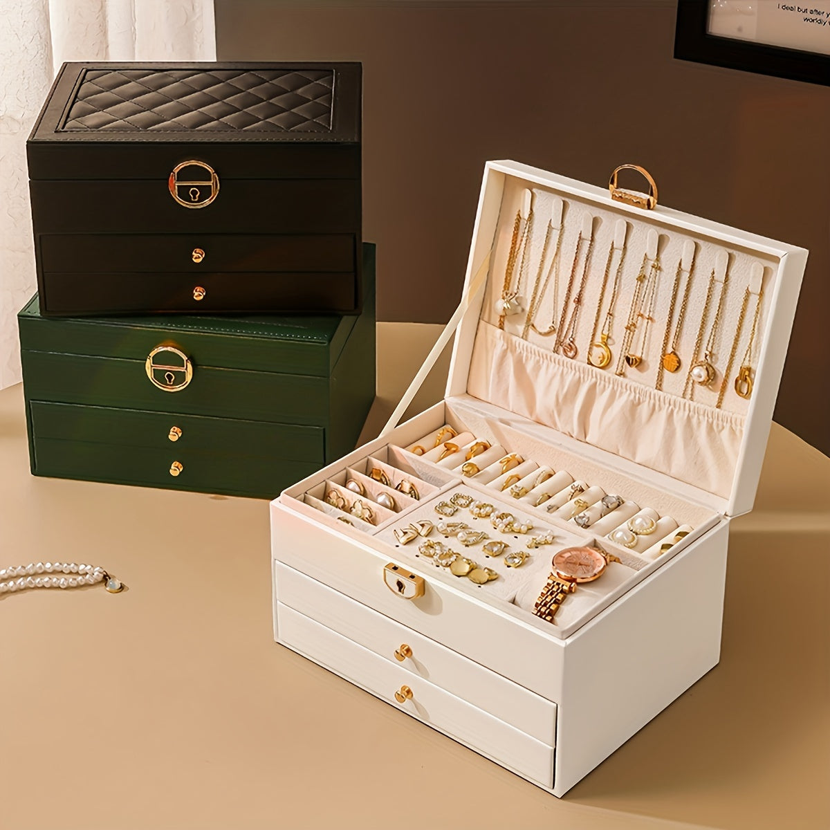 Cutie premium din piele pentru organizarea bijuteriilor — compartimente cu sertare multiple