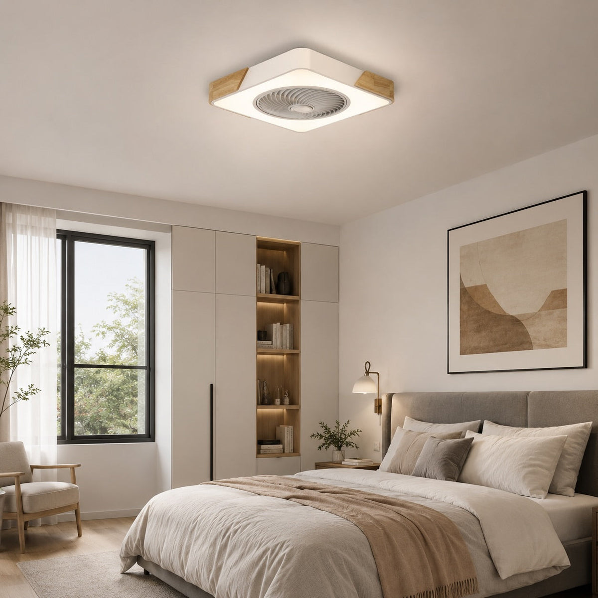Moderní bezlopatkový stropní ventilátor — železný rám pro přisazenou montáž, integrovaná LED světla, stmívatelný, nastavitelná teplota chromatičnosti