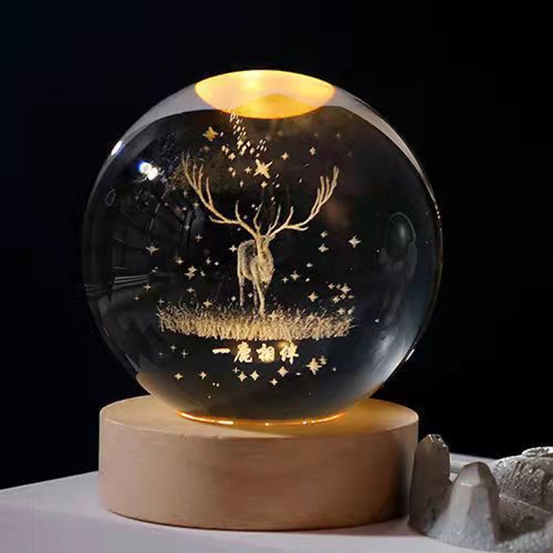 Luz nocturna de cristal con sistema solar 3D iluminado