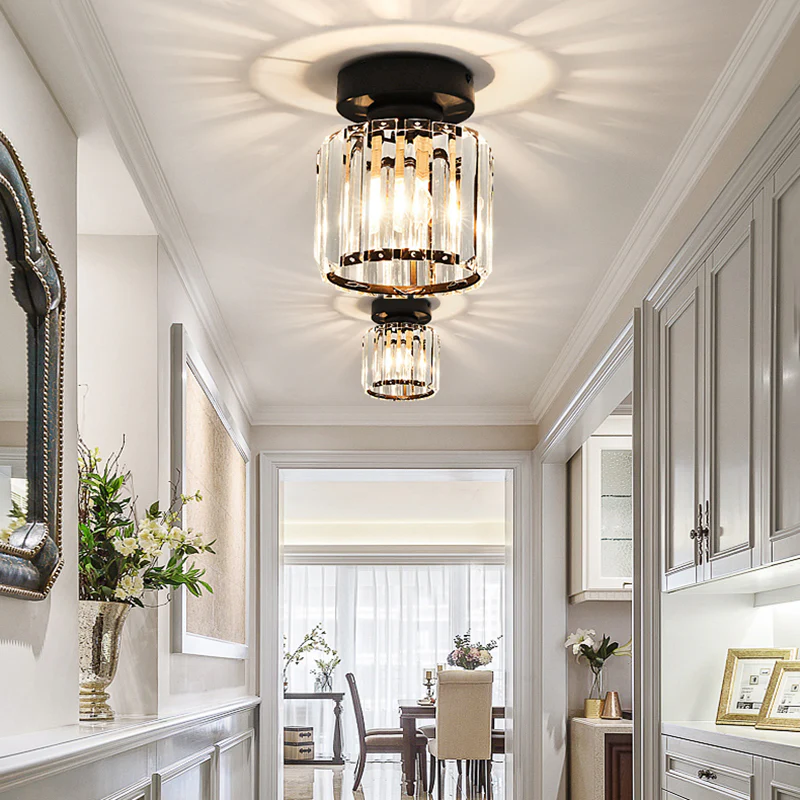 Crystal Glass Ceiling Light — Compact Design, Brass Fixture