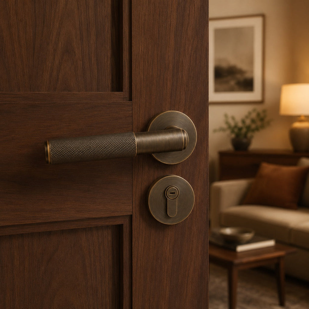 Modern Brass Door Handle — Knurled Grip, Square or Round Rosette, Smooth Cycle Hardware