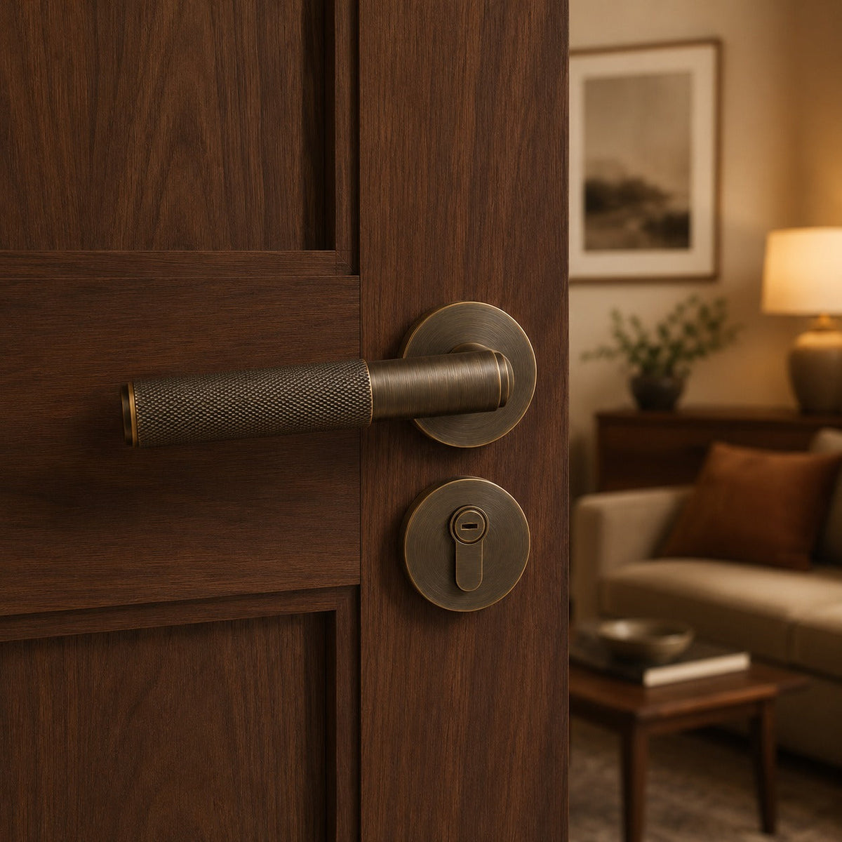 Modern Brass Door Handle — Knurled Grip, Square or Round Rosette, Smooth Cycle Hardware