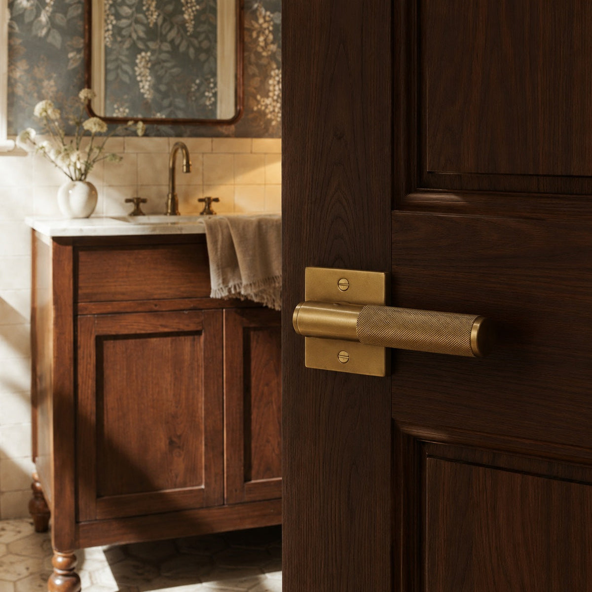 Modern Brass Door Handle — Knurled Grip, Square or Round Rosette, Smooth Cycle Hardware