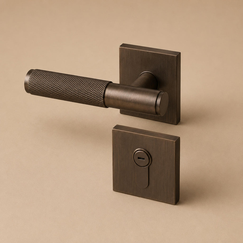 Modern Brass Door Handle — Knurled Grip, Square or Round Rosette, Smooth Cycle Hardware