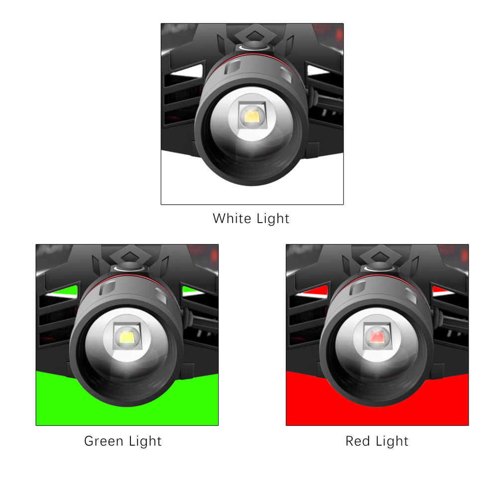 Lampe frontale LED rechargeable puissante - modes d'éclairage blanc, rouge et vert, chargement USB, fonctionnement sur batterie