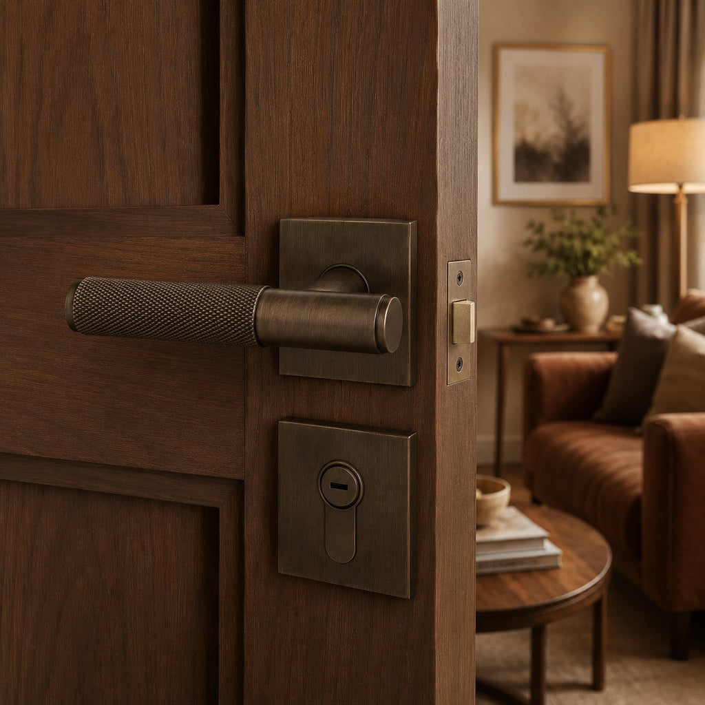 Modern Brass Door Handle — Knurled Grip, Square or Round Rosette, Smooth Cycle Hardware