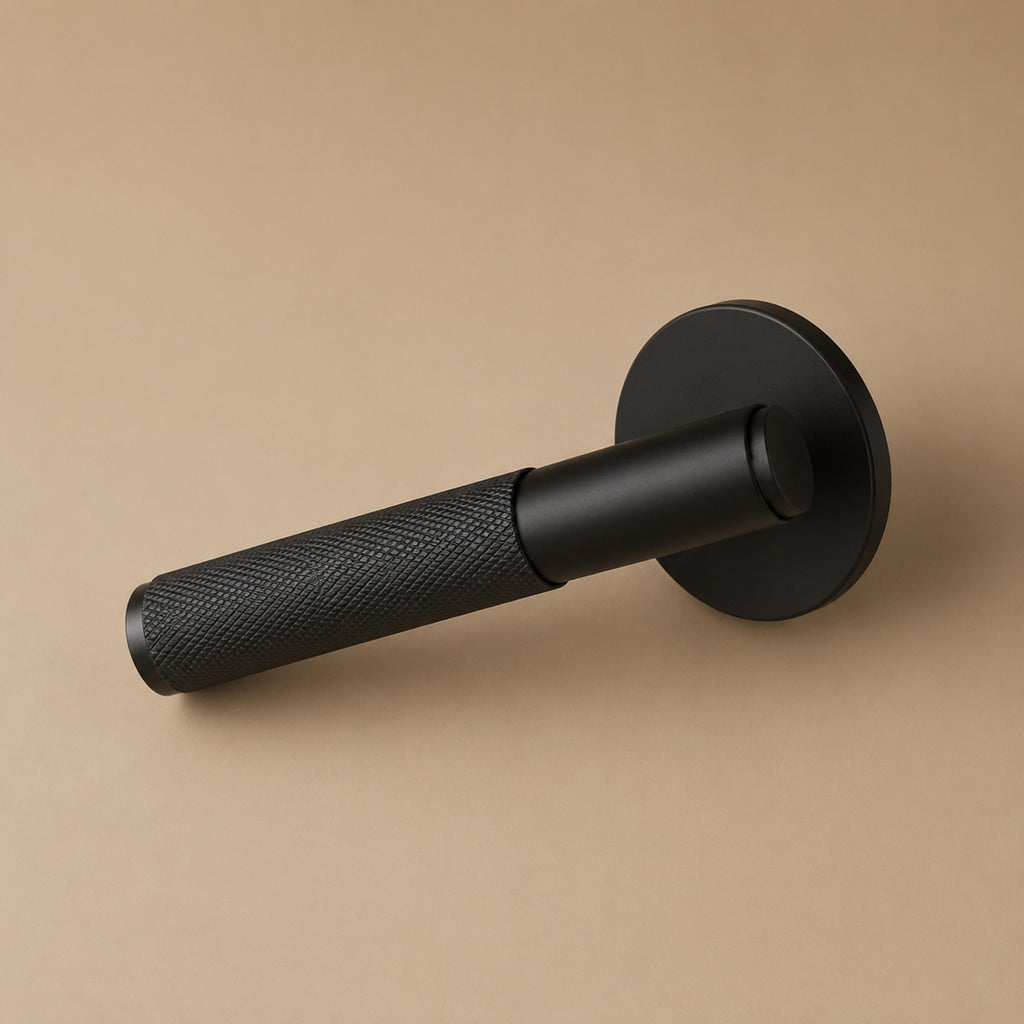 Modern Brass Door Handle — Knurled Grip, Square or Round Rosette, Smooth Cycle Hardware
