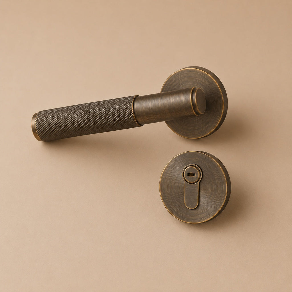Modern Brass Door Handle — Knurled Grip, Square or Round Rosette, Smooth Cycle Hardware