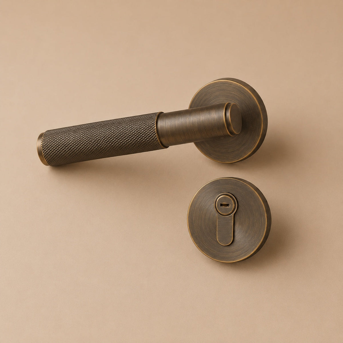 Modern Brass Door Handle — Knurled Grip, Square or Round Rosette, Smooth Cycle Hardware