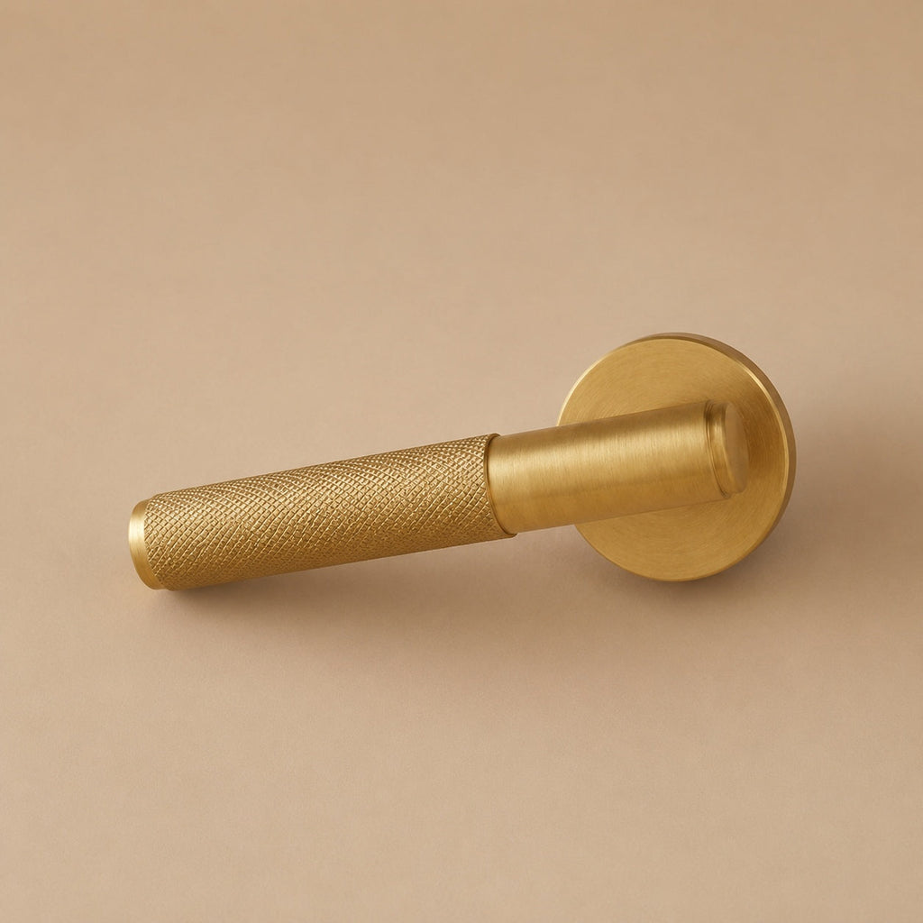 Modern Brass Door Handle — Knurled Grip, Square or Round Rosette, Smooth Cycle Hardware