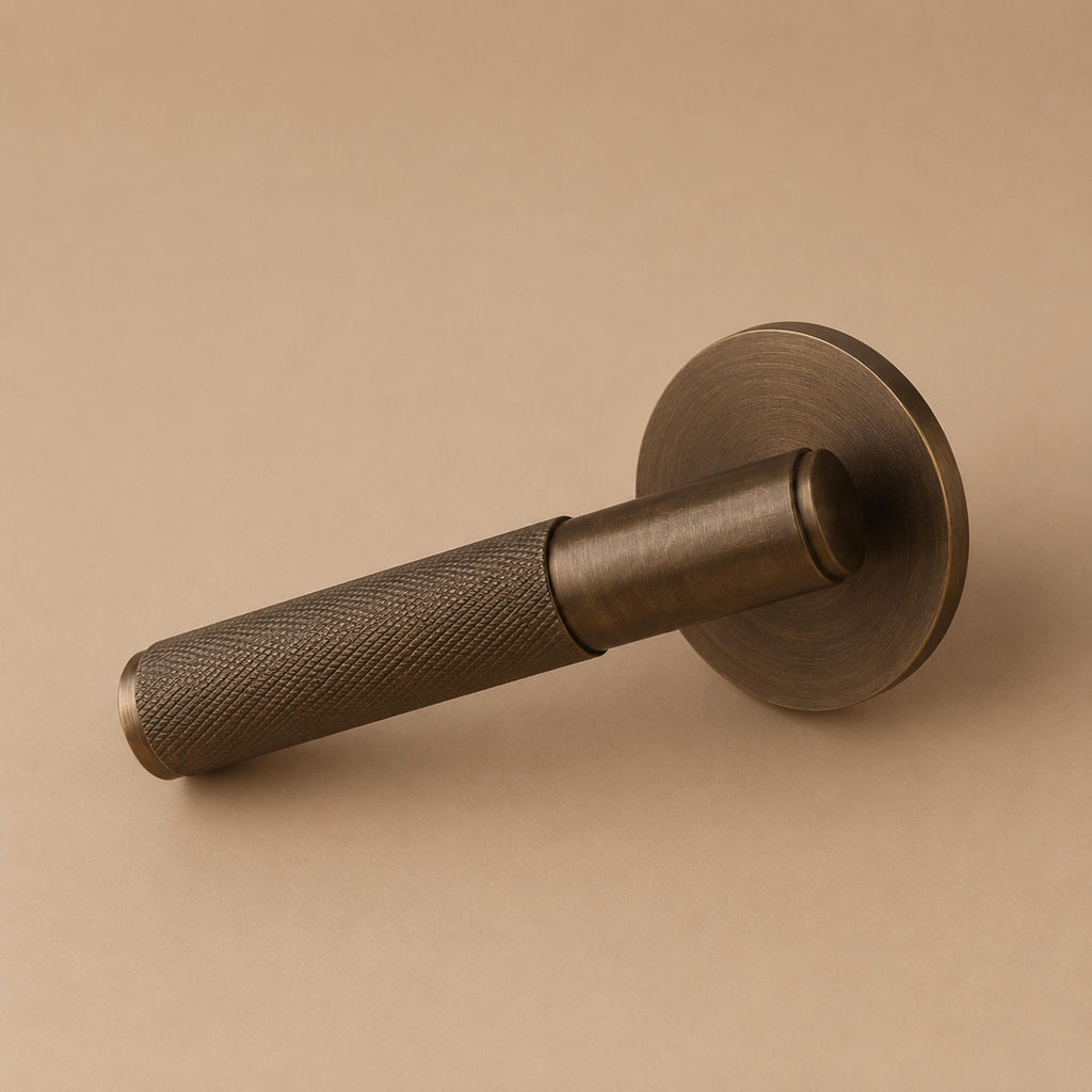 Modern Brass Door Handle — Knurled Grip, Square or Round Rosette, Smooth Cycle Hardware