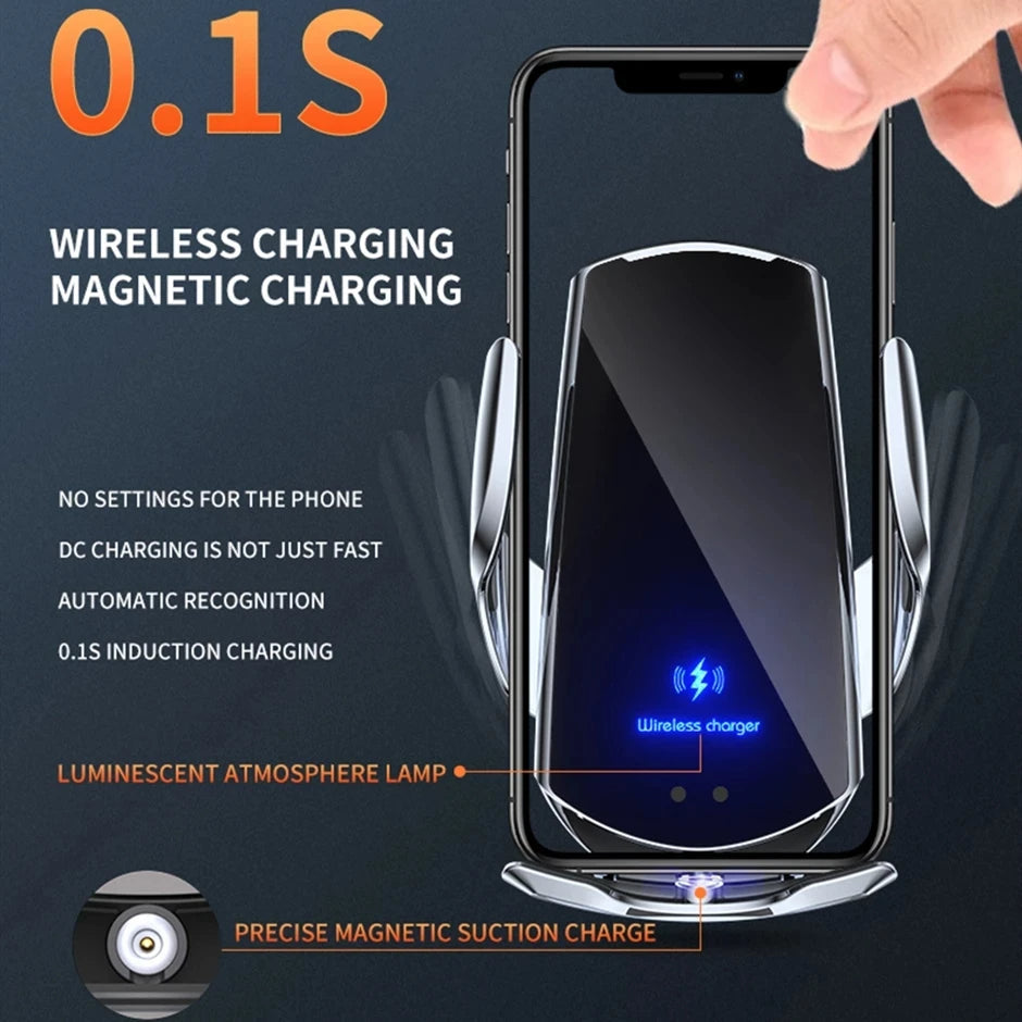 2-in-1 Wireless Car Charger & Phone Holder — Fast Charging, Universal Compatibility, Adjustable Auto Clamp