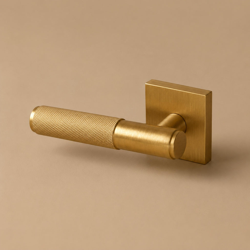 Modern Brass Door Handle — Knurled Grip, Square or Round Rosette, Smooth Cycle Hardware