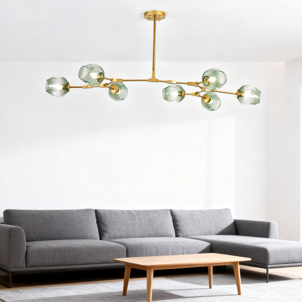 Żyrandol ze szklanymi kloszami w kształcie rozgałęzionych baniek, w stylu mid-century, z regulowanymi ramionami, do salonu | boxzora