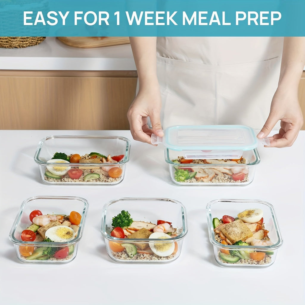 Set de 8 recipientes de vidrio para guardar alimentos — Cajas bento herméticas, tapas con cierre a prueba de fugas, aptos para horno, congelador, microondas y lavavajillas, sin BPA