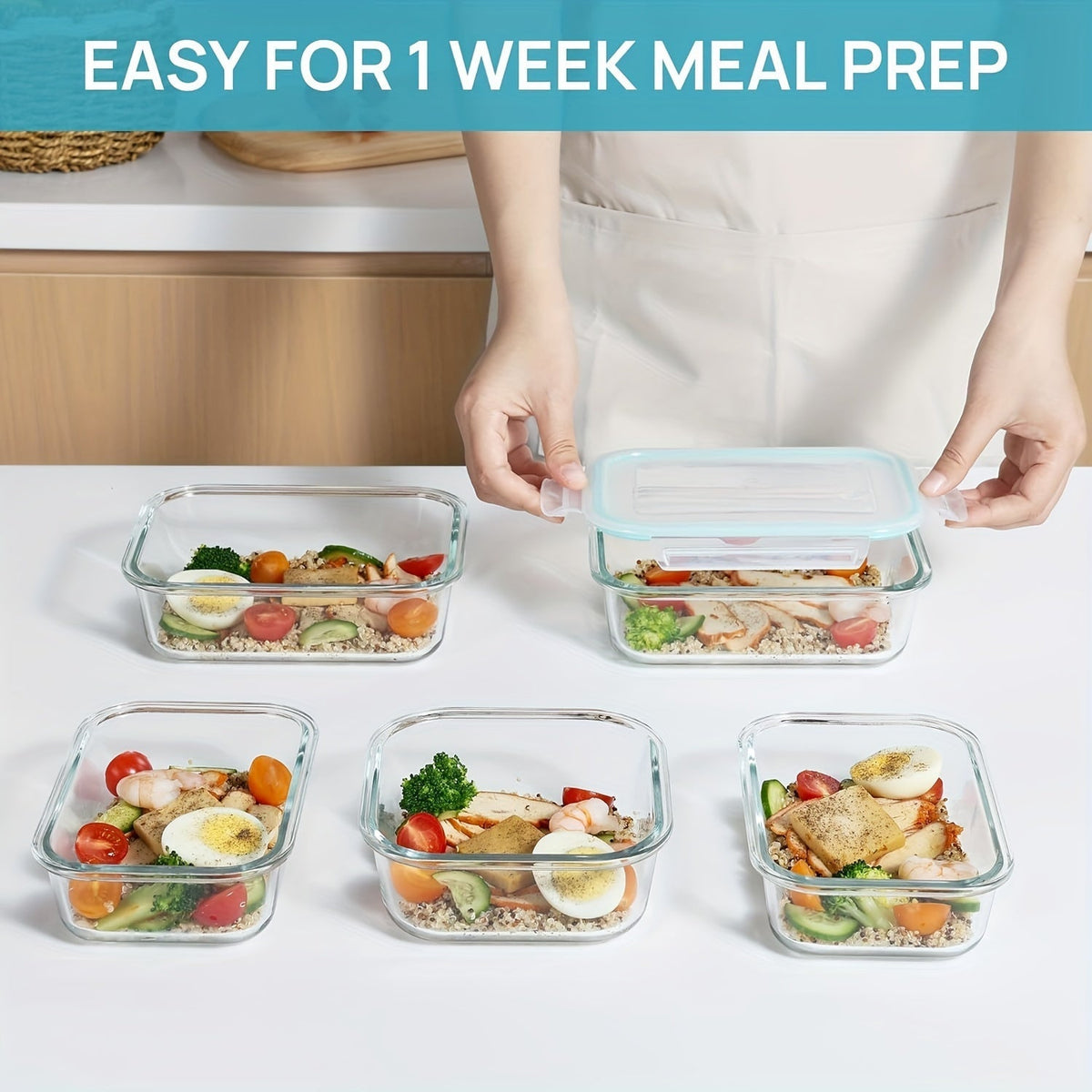 Set de 8 recipientes de vidrio para guardar alimentos — Cajas bento herméticas, tapas con cierre a prueba de fugas, aptos para horno, congelador, microondas y lavavajillas, sin BPA