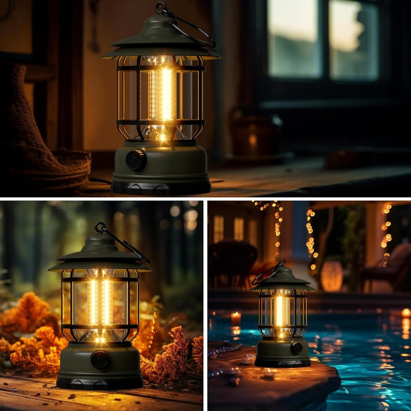 Linterna LED de camping retro - Recargable, diseño de huracán de 360 grados