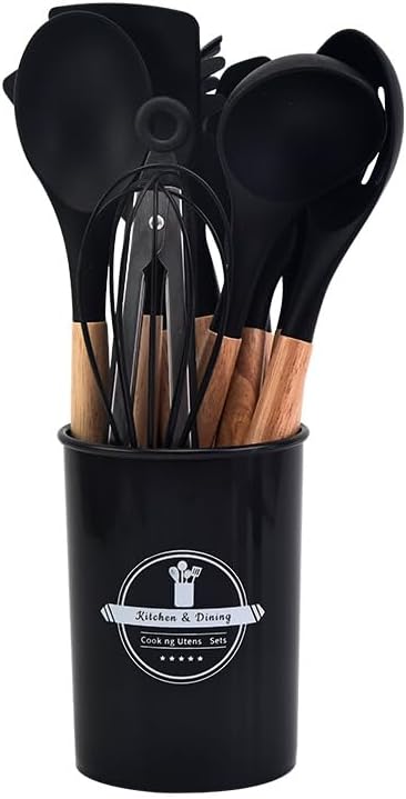 Silicone Kitchen Utensil Set – Heat Resistant, Nonstick Safe, Wooden Handles