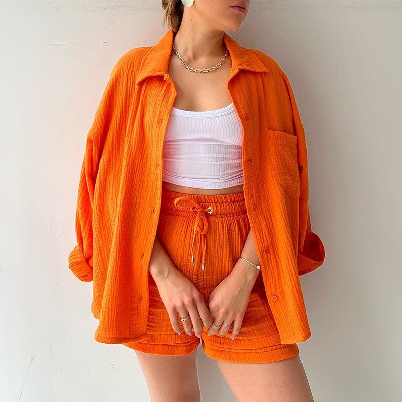 Ensemble Femme Été 2 Pièces – Chemise Plissée & Short Taille Haute