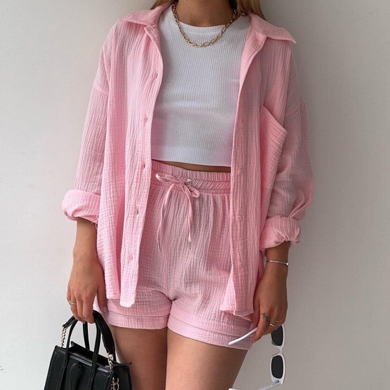 Ensemble Femme Été 2 Pièces – Chemise Plissée & Short Taille Haute