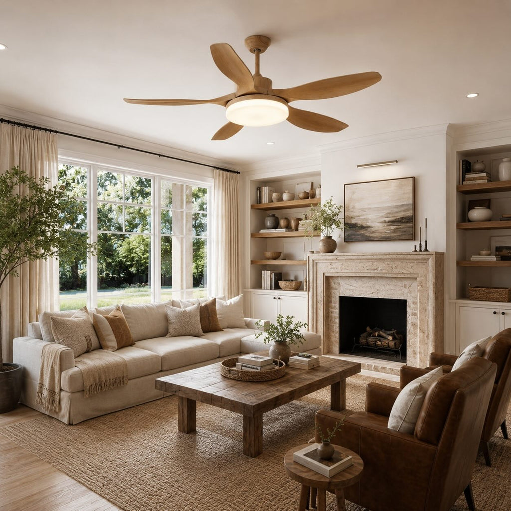 Moderne Deckenleuchte mit Deckenventilator und 5 Flügeln zur direkten Montage - Metallrahmen, einstellbare LED, Fernbedienung