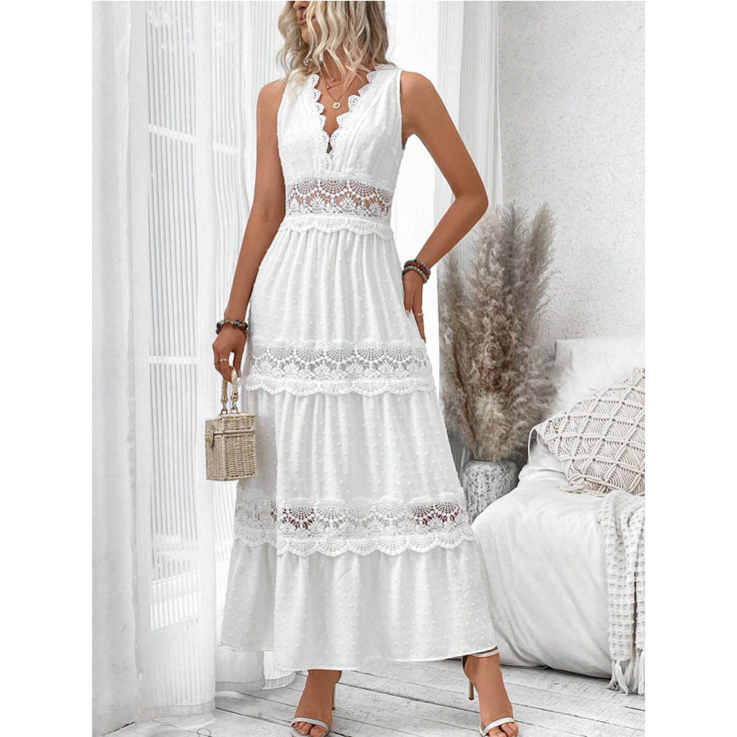 Robe sans manches pour femme à col en V avec dentelle cousue