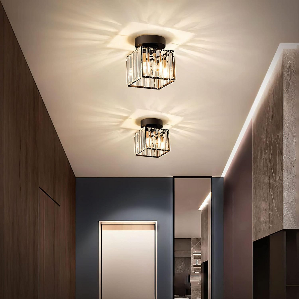 Crystal Glass Ceiling Light — Compact Design, Brass Fixture