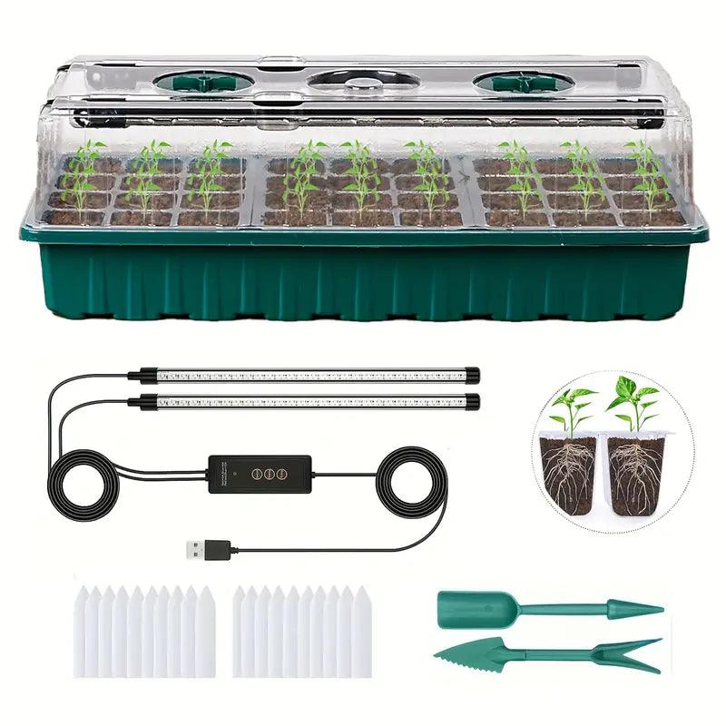 Kit de inicio de semillas para interior — bandeja de 36 celdas, luz LED de cultivo y cúpula de humedad ajustable