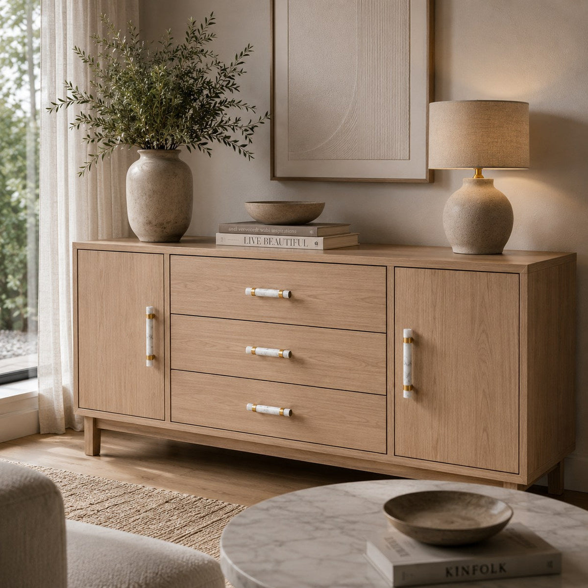 Set med moderna skåpsknoppar och lådhandtag i marmor och mässing — ergonomisk design