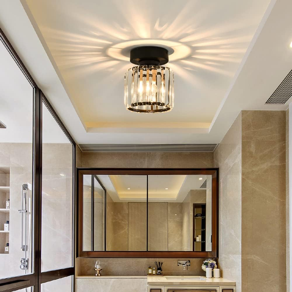 Crystal Glass Ceiling Light — Compact Design, Brass Fixture