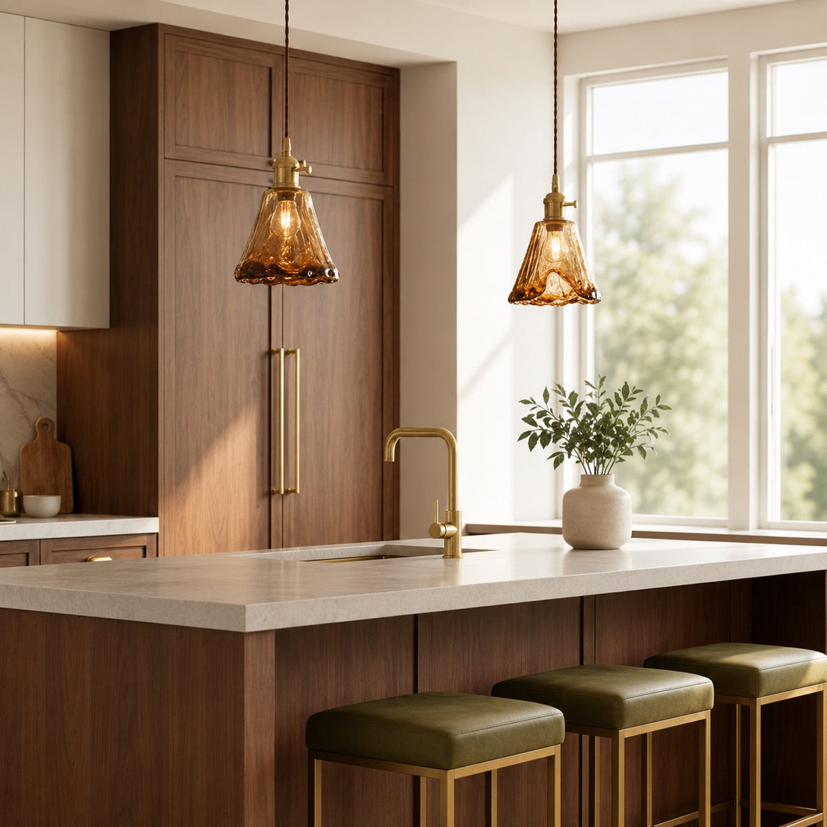 Lampada a sospensione vintage in ottone — Cavo regolabile, paralume in vetro ambrato