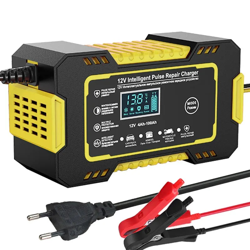 Smart bilbatterioplader 12V 6A – pulserende reparation, LCD-skærm og hurtig opladning af AGM-, gel- og blybatterier