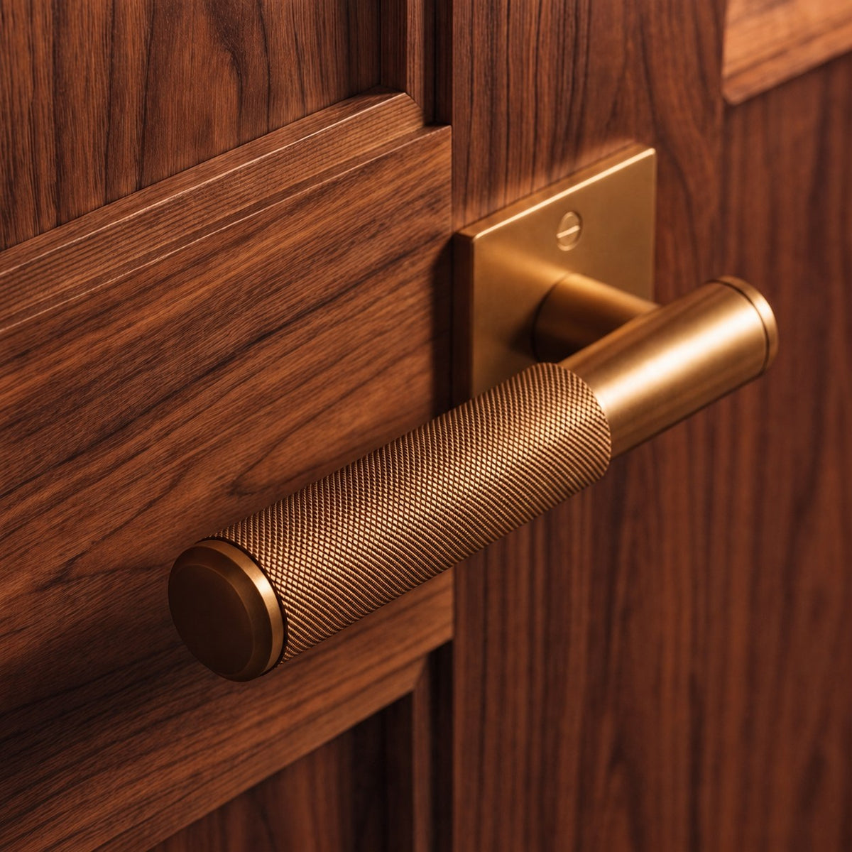 Modern Brass Door Handle — Knurled Grip, Square or Round Rosette, Smooth Cycle Hardware