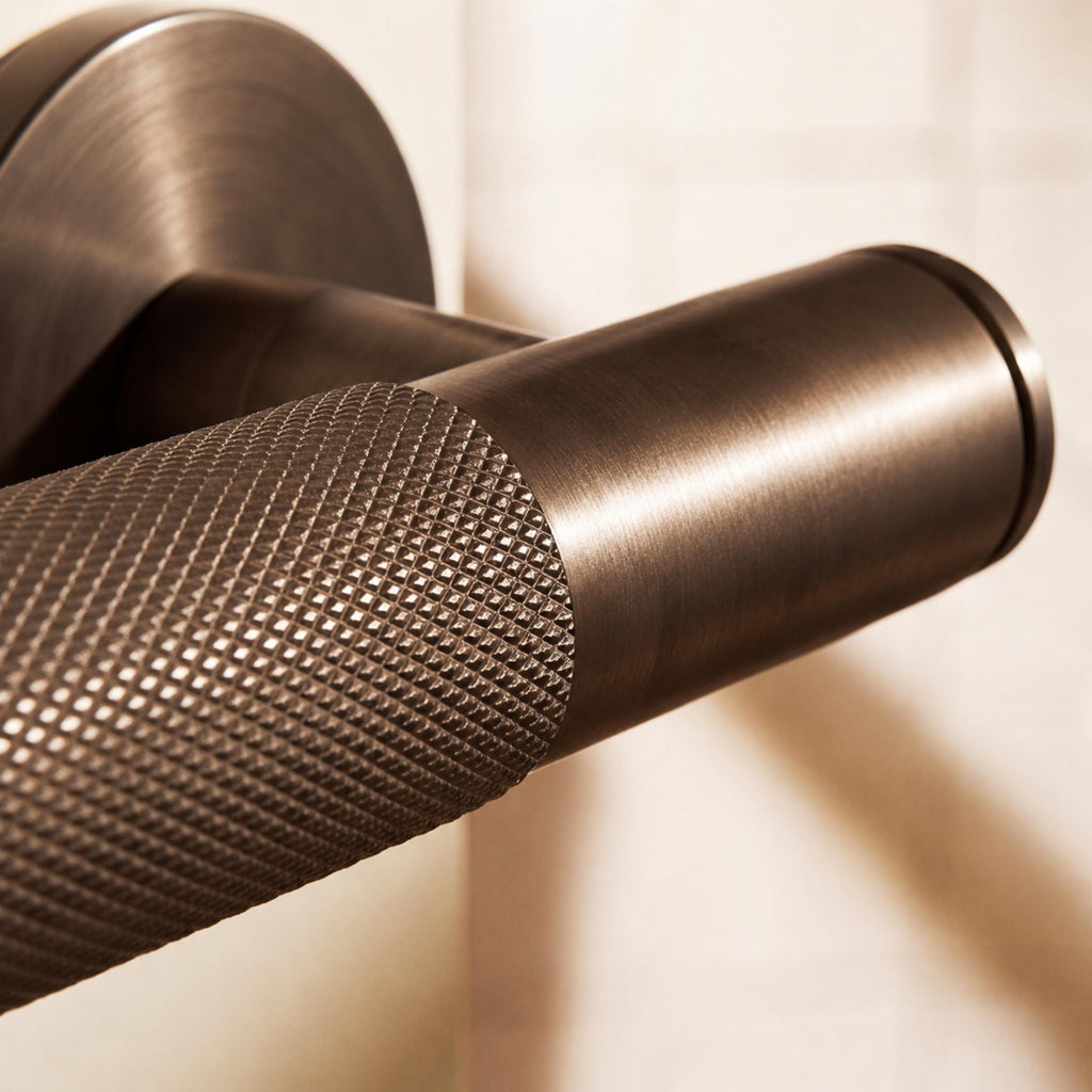 Modern Brass Door Handle — Knurled Grip, Square or Round Rosette, Smooth Cycle Hardware