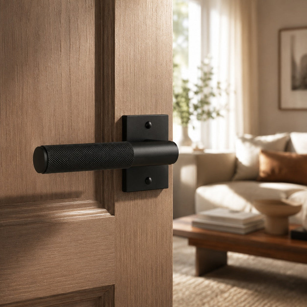 Modern Brass Door Handle — Knurled Grip, Square or Round Rosette, Smooth Cycle Hardware