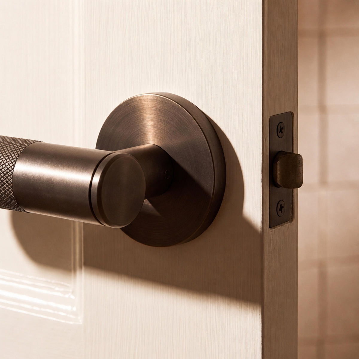 Modern Brass Door Handle — Knurled Grip, Square or Round Rosette, Smooth Cycle Hardware