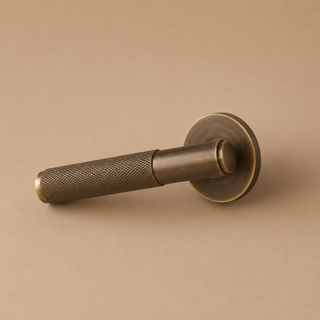 Modern Brass Door Handle — Knurled Grip, Square or Round Rosette, Smooth Cycle Hardware