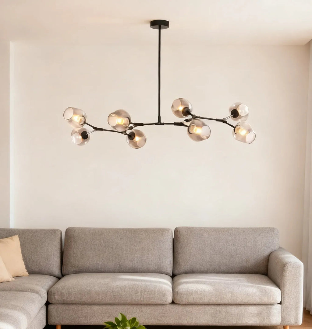 Żyrandol ze szklanymi kloszami w kształcie rozgałęzionych baniek, w stylu mid-century, z regulowanymi ramionami, do salonu | boxzora