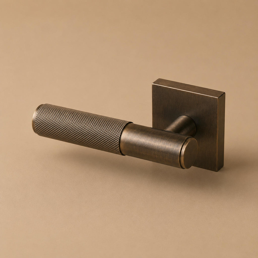 Modern Brass Door Handle — Knurled Grip, Square or Round Rosette, Smooth Cycle Hardware