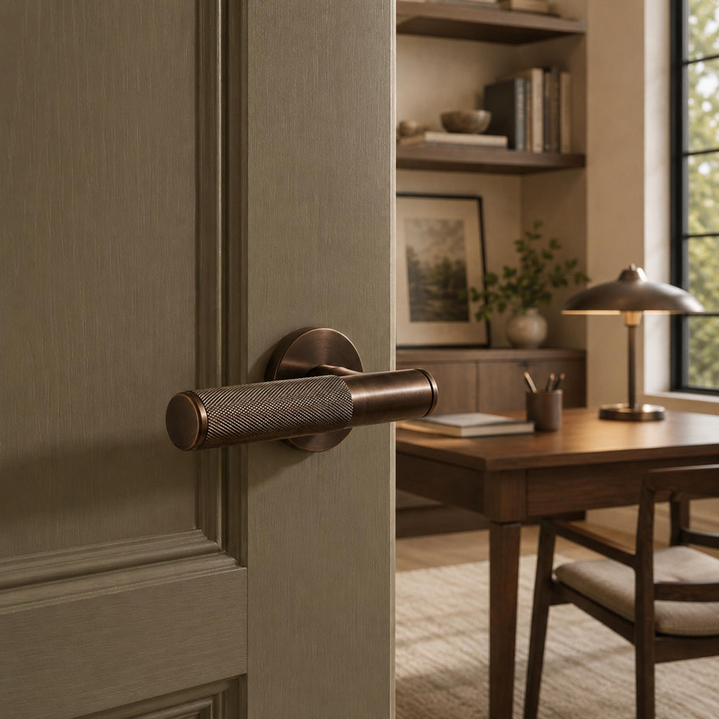Modern Brass Door Handle — Knurled Grip, Square or Round Rosette, Smooth Cycle Hardware