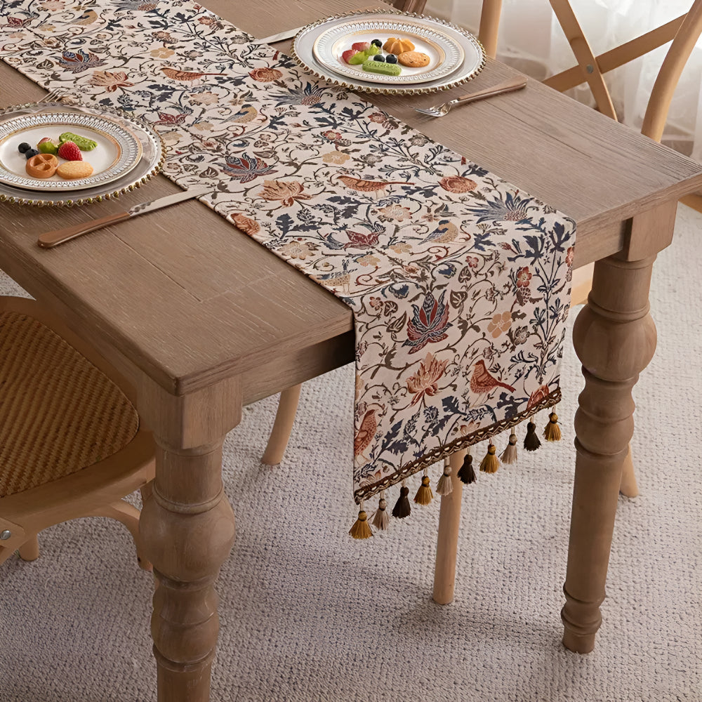Floral & Bird Jacquard Table Runner — Vintage Motif
