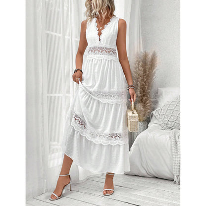 Robe sans manches pour femme à col en V avec dentelle cousue