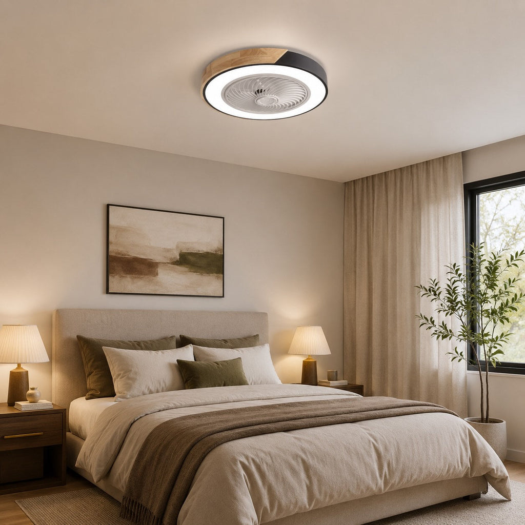 Moderní bezlopatkový stropní ventilátor — železný rám pro přisazenou montáž, integrovaná LED světla, stmívatelný, nastavitelná teplota chromatičnosti