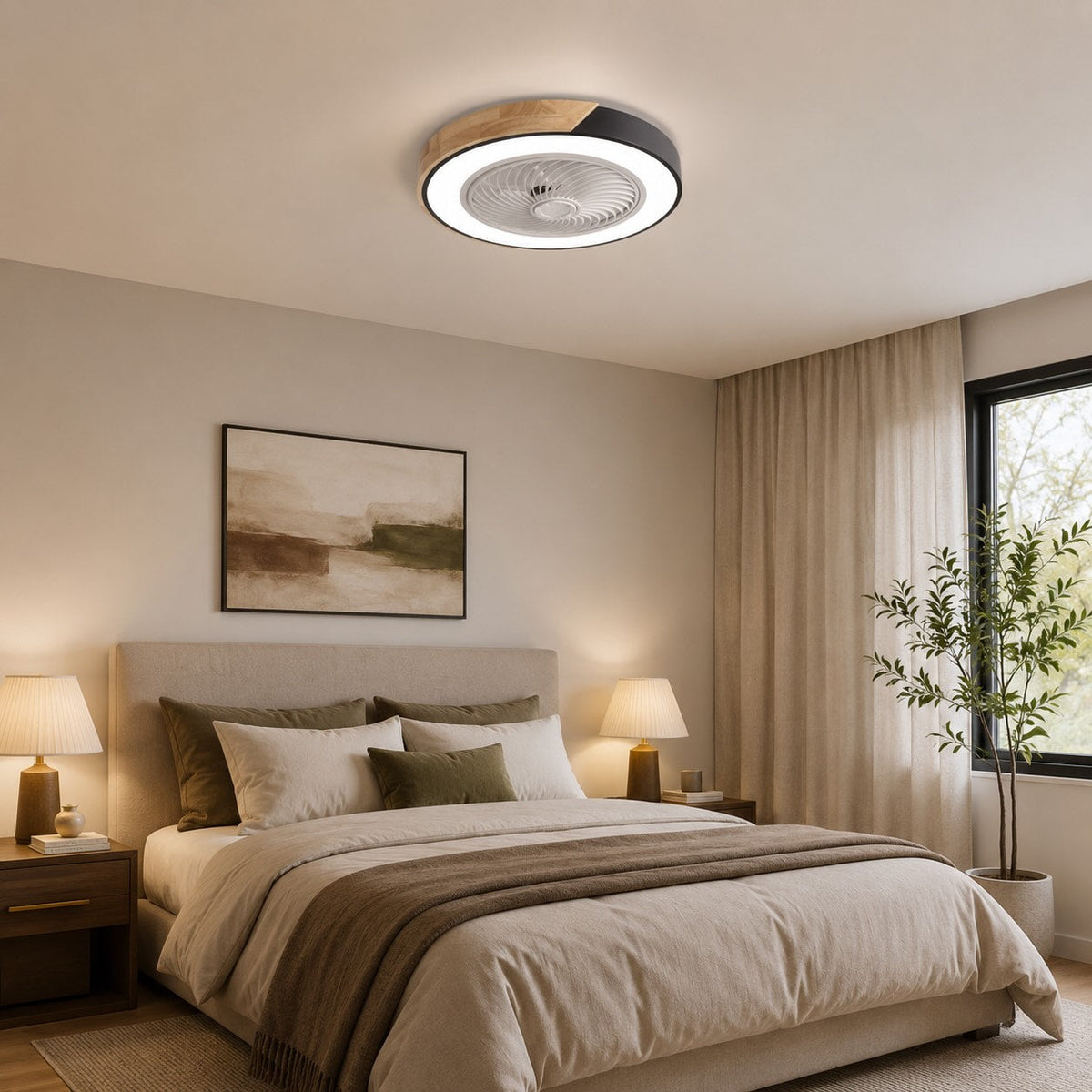 Moderní bezlopatkový stropní ventilátor — železný rám pro přisazenou montáž, integrovaná LED světla, stmívatelný, nastavitelná teplota chromatičnosti