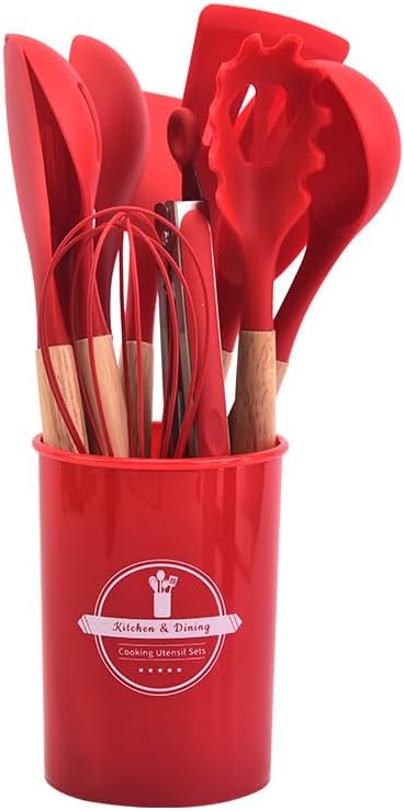 Silicone Kitchen Utensil Set – Heat Resistant, Nonstick Safe, Wooden Handles