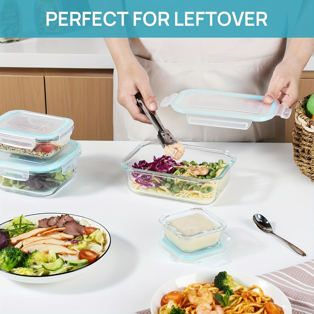 Set de 8 recipientes de vidrio para guardar alimentos — Cajas bento herméticas, tapas con cierre a prueba de fugas, aptos para horno, congelador, microondas y lavavajillas, sin BPA